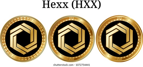 Set of physical golden coin Hexx (HXX), digital cryptocurrency. Hexx (HXX) icon set. Vector illustration isolated on white background.