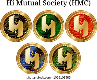 Set of physical golden coin Hi Mutual Society (HMC), digital cryptocurrency. Hi Mutual Society (HMC) icon set. Vector illustration isolated on white background.