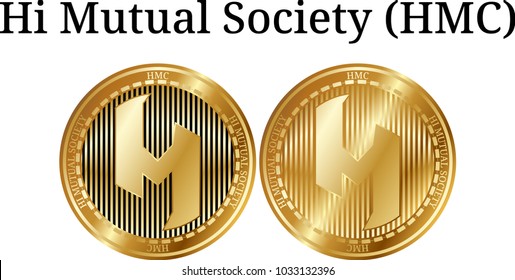 Set of physical golden coin Hi Mutual Society (HMC), digital cryptocurrency. Hi Mutual Society (HMC) icon set. Vector illustration isolated on white background.