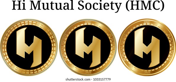 Set of physical golden coin Hi Mutual Society (HMC), digital cryptocurrency. Hi Mutual Society (HMC) icon set. Vector illustration isolated on white background.