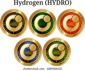 Set of physical golden coin Hydrogen (HYDRO), digital cryptocurrency. Hydrogen (HYDRO) icon set. Vector illustration isolated on white background.