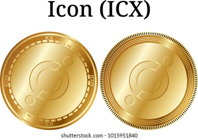 Set of physical golden coin Icon (ICX), digital cryptocurrency. Icon (ICX) icon set. Vector illustration isolated on white background.