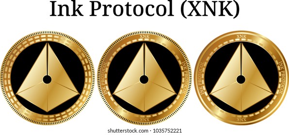 Set of physical golden coin Ink Protocol (XNK), digital cryptocurrency. Ink Protocol (XNK) icon set. Vector illustration isolated on white background.