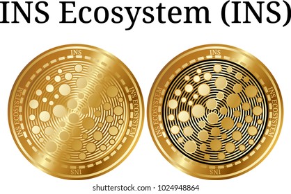 Set of physical golden coin INS Ecosystem (INS), digital cryptocurrency. INS Ecosystem (INS) icon set. Vector illustration isolated on white background.