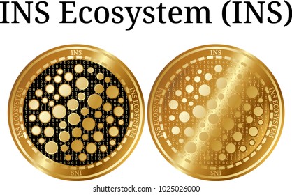 Set of physical golden coin INS Ecosystem (INS), digital cryptocurrency. INS Ecosystem (INS) icon set. Vector illustration isolated on white background.