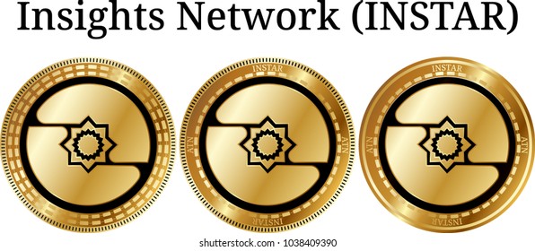 Set of physical golden coin Insights Network (INSTAR), digital cryptocurrency. Insights Network (INSTAR) icon set. Vector illustration isolated on white background.