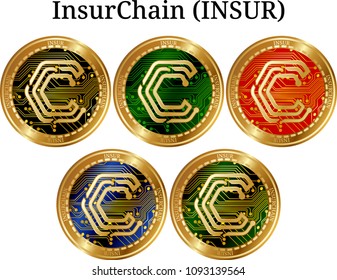 Set of physical golden coin InsurChain (INSUR), digital cryptocurrency. InsurChain (INSUR) icon set. Vector illustration isolated on white background.