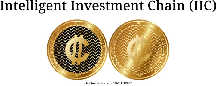 Set of physical golden coin Intelligent Investment Chain (IIC), digital cryptocurrency. Intelligent Investment Chain (IIC) icon set. Vector illustration isolated on white background.