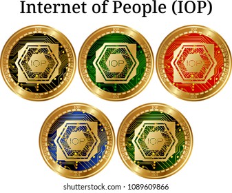 Set of physical golden coin Internet of People (IOP), digital cryptocurrency. Internet of People (IOP) icon set. Vector illustration isolated on white background.