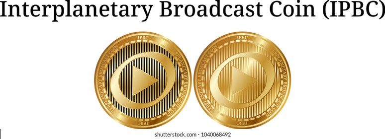 Set of physical golden coin Interplanetary Broadcast Coin (IPBC), digital cryptocurrency. Interplanetary Broadcast Coin (IPBC) icon set. Vector illustration isolated on white background.