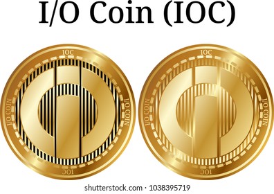 Set of physical golden coin I-O Coin (IOC), digital cryptocurrency. I-O Coin (IOC) icon set. Vector illustration isolated on white background.