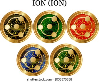 Set of physical golden coin ION (ION), digital cryptocurrency. ION (ION) icon set. Vector illustration isolated on white background.