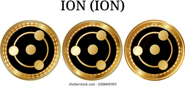 Set of physical golden coin ION (ION), digital cryptocurrency. ION (ION) icon set. Vector illustration isolated on white background.