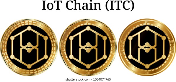 Set of physical golden coin IoT Chain (ITC), digital cryptocurrency. IoT Chain (ITC) icon set. Vector illustration isolated on white background.
