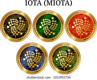 Set of physical golden coin Iota (MIOTA), digital cryptocurrency. Iota (MIOTA) icon set. Vector illustration isolated on white background.