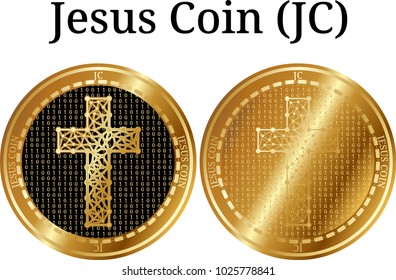 Set of physical golden coin Jesus Coin (JC), digital cryptocurrency. Jesus Coin (JC) icon set. Vector illustration isolated on white background.