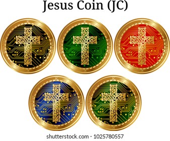 Set of physical golden coin Jesus Coin (JC), digital cryptocurrency. Jesus Coin (JC) icon set. Vector illustration isolated on white background.