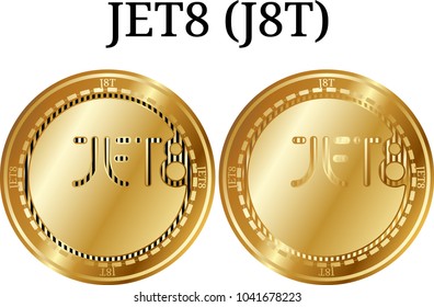 Set of physical golden coin JET8 (J8T), digital cryptocurrency. JET8 (J8T) icon set. Vector illustration isolated on white background.