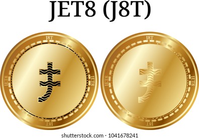 Set of physical golden coin JET8  (J8T), digital cryptocurrency. JET8  (J8T) icon set. Vector illustration isolated on white background.