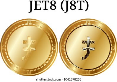 Set of physical golden coin JET8  (J8T), digital cryptocurrency. JET8  (J8T) icon set. Vector illustration isolated on white background.
