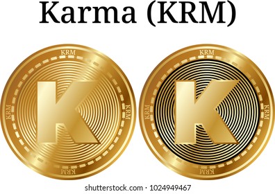 Set of physical golden coin Karma (KRM), digital cryptocurrency. Karma (KRM) icon set. Vector illustration isolated on white background.