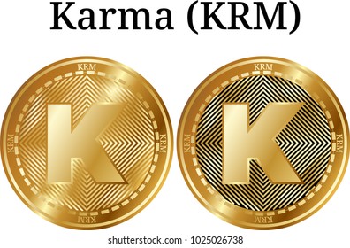 Set of physical golden coin Karma (KRM), digital cryptocurrency. Karma (KRM) icon set. Vector illustration isolated on white background.