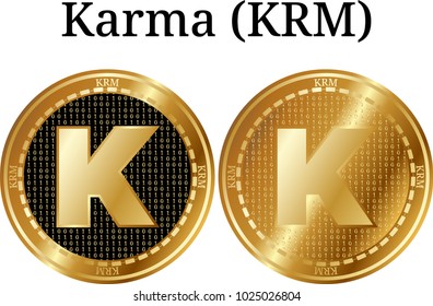 Set of physical golden coin Karma (KRM), digital cryptocurrency. Karma (KRM) icon set. Vector illustration isolated on white background.