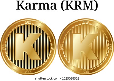 Set of physical golden coin Karma (KRM), digital cryptocurrency. Karma (KRM) icon set. Vector illustration isolated on white background.