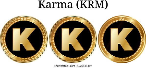 Set of physical golden coin Karma (KRM), digital cryptocurrency. Karma (KRM) icon set. Vector illustration isolated on white background.