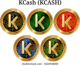 Set of physical golden coin KCash (KCASH), digital cryptocurrency. KCash (KCASH) icon set. Vector illustration isolated on white background.