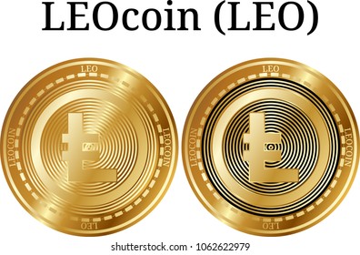 Set of physical golden coin LEOcoin (LEO), digital cryptocurrency. LEOcoin icon set. Vector illustration isolated on white background.