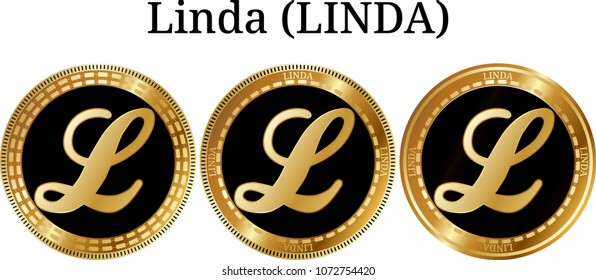 Set of physical golden coin Linda (LINDA), digital cryptocurrency. Linda (LINDA) icon set. Vector illustration isolated on white background.