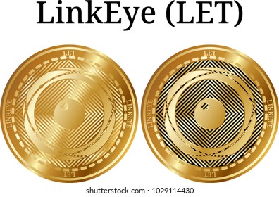 Set of physical golden coin LinkEye (LET), digital cryptocurrency. LinkEye (LET) icon set. Vector illustration isolated on white background.