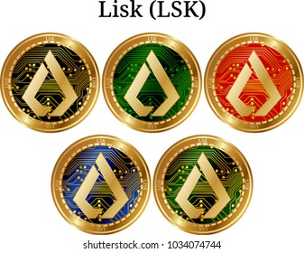 Set of physical golden coin Lisk (LSK), digital cryptocurrency. Lisk (LSK) icon set. Vector illustration isolated on white background.