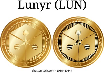 Set of physical golden coin Lunyr (LUN), digital cryptocurrency. Lunyr (LUN) icon set. Vector illustration isolated on white background.