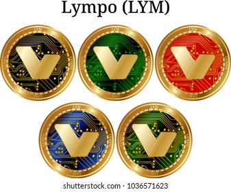 Set of physical golden coin Lympo (LYM), digital cryptocurrency. Lympo (LYM) icon set. Vector illustration isolated on white background.