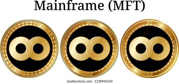 Set of physical golden coin Mainframe (MFT), digital cryptocurrency.  icon set. Vector illustration isolated on white background.