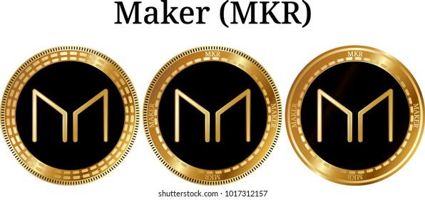 Set of physical golden coin Maker (MKR), digital cryptocurrency. Maker (MKR) icon set. Vector illustration isolated on white background.