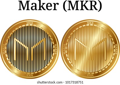 Set of physical golden coin Maker (MKR), digital cryptocurrency. Maker (MKR) icon set. Vector illustration isolated on white background.