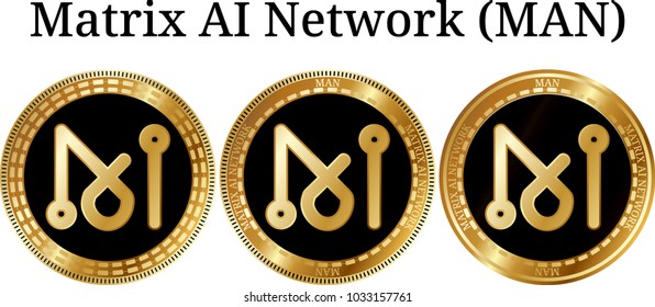 Set of physical golden coin Matrix AI Network (MAN), digital cryptocurrency. Matrix AI Network (MAN) icon set. Vector illustration isolated on white background.