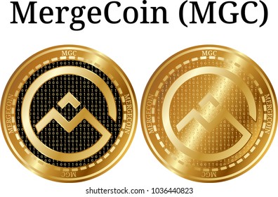 Set of physical golden coin MergeCoin (MGC), digital cryptocurrency. MergeCoin (MGC) icon set. Vector illustration isolated on white background.