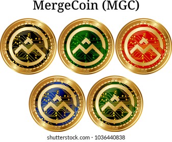 Set of physical golden coin MergeCoin (MGC), digital cryptocurrency. MergeCoin (MGC) icon set. Vector illustration isolated on white background.