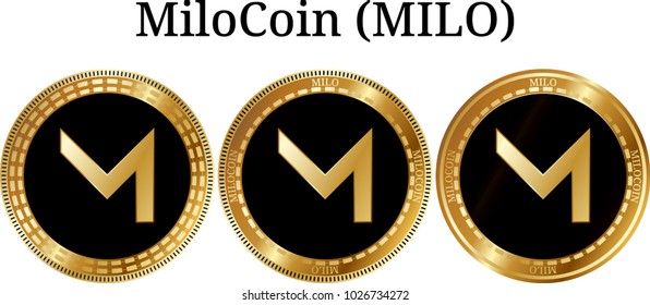 Set of physical golden coin MiloCoin (MILO), digital cryptocurrency. MiloCoin (MILO) icon set. Vector illustration isolated on white background.