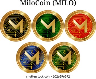 Set of physical golden coin MiloCoin (MILO), digital cryptocurrency. MiloCoin (MILO) icon set. Vector illustration isolated on white background.