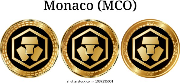 Set of physical golden coin Monaco (MCO), digital cryptocurrency. Monaco (MCO) icon set. Vector illustration isolated on white background.