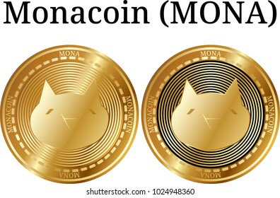 Set of physical golden coin Monacoin (MONA), digital cryptocurrency. Monacoin (MONA) icon set. Vector illustration isolated on white background.