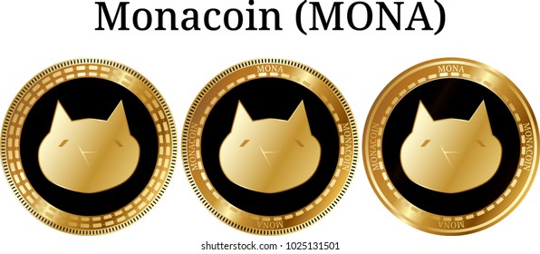Set of physical golden coin Monacoin (MONA), digital cryptocurrency. Monacoin (MONA) icon set. Vector illustration isolated on white background.