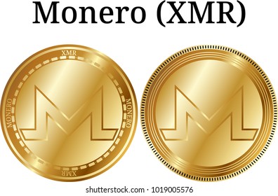 Set of physical golden coin Monero (XMR), digital cryptocurrency. Monero (XMR) icon set. Vector illustration isolated on white background.