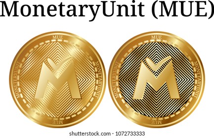 Set of physical golden coin MonetaryUnit (MUE), digital cryptocurrency. MonetaryUnit (MUE) icon set. Vector illustration isolated on white background.