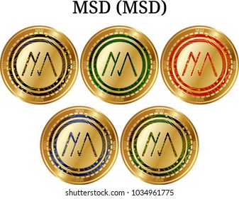 Set of physical golden coin MSD (MSD), digital cryptocurrency. MSD (MSD) icon set. Vector illustration isolated on white background.